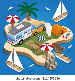 Camping. Beach vacation. Isometric. Vector illustration.
