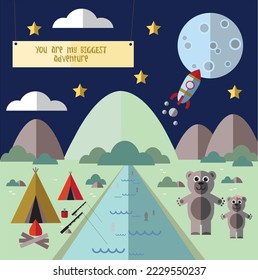 Camping bear family under stars