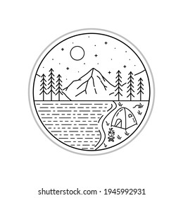 camping in the beautiful lake nature adventure in the night wild line badge patch pin graphic illustration vector art t-shirt design