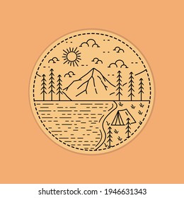 camping in the beautiful lake nature adventure wild line badge patch pin graphic illustration, t-shirt design