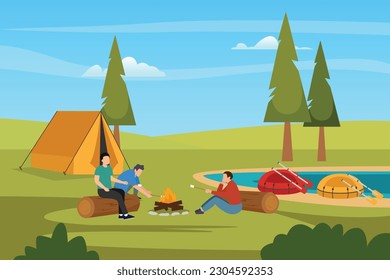 Camping in the beautiful landscape near the river 2d vector illustration concept for banner, website, illustration, landing page, flyer, etc.