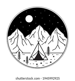 camping in the beautiful mountain on the night in mono line art, badge patch pin graphic illustration, vector art t-shirt design