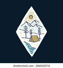 Camping and beautiful sunrise with river graphic illustration vector art t-shirt design