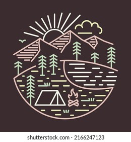 Camping in the beauty nature with mountains and sunset graphic illustration vector art t-shirt design