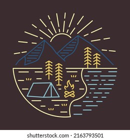 Camping in the beauty nature with sunrise on the top of mountains graphic illustration vector art t-shirt design
