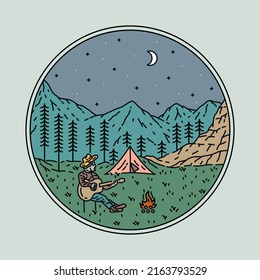 Camping with beauty view of mountains at night graphic illustration vector art t-shirt design