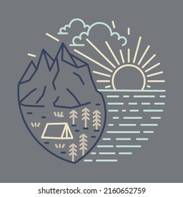 Camping with beauty view of nature with sunrise graphic illustration vector art t-shirt design