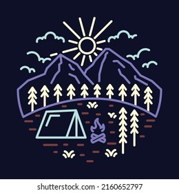 Camping with beauty view of nature with sunrise and mountains graphic illustration vector art t-shirt design