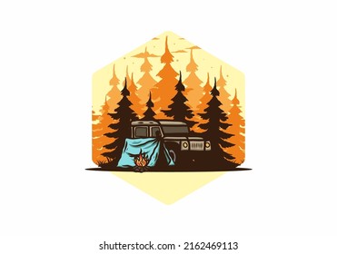 Camping beside the car in the forest illustration design