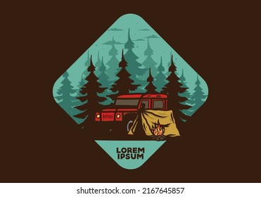 Camping beside the car in the forest illustration design