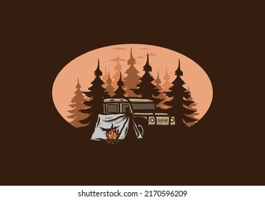 Camping beside the car in the forest illustration design
