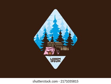 Camping beside the car in the forest illustration design