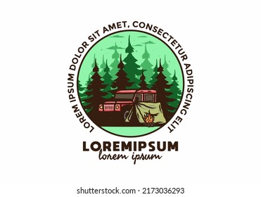 Camping beside the car in the forest illustration design