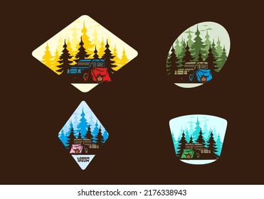 Camping beside the car in the forest illustration design