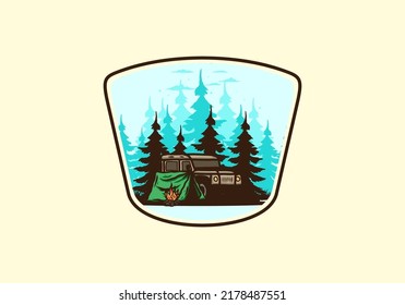 Camping beside the car in the forest illustration design