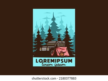Camping beside the car in the forest illustration design