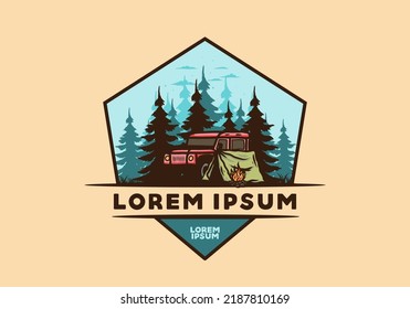 Camping beside the car in the forest illustration design