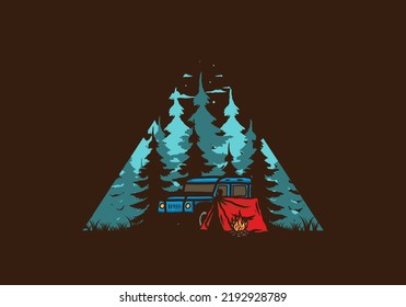 Camping beside the car in the forest illustration design