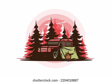 Camping beside the car in the forest illustration design