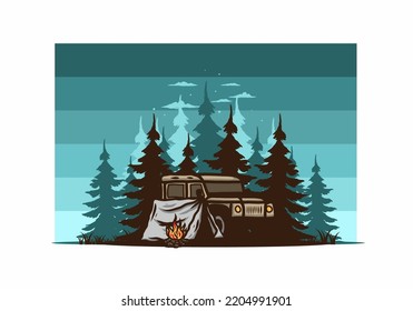 Camping beside the car in the forest illustration design