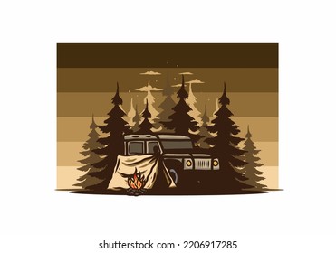 Camping beside the car in the forest illustration design