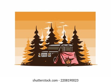 Camping beside the car in the forest illustration design