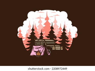Camping beside the car in the forest illustration design