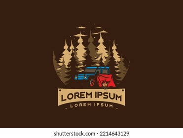 Camping beside the car in the forest illustration design