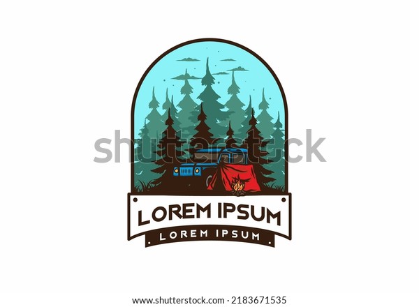 Camping\
beside the car in the forest illustration\
design
