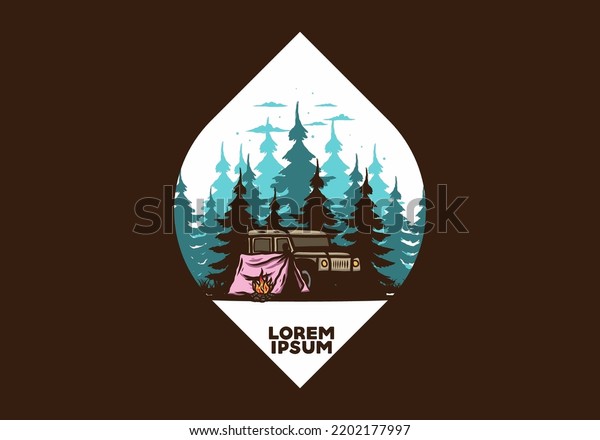 Camping\
beside the car in the forest illustration\
design
