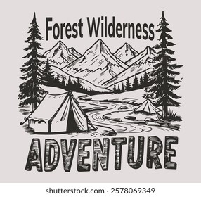 Camping beside of lake graphic artwork. Explore more print design. outdoors' For t-shirt prints, posters, stickers and other uses. Mountain adventure vintage print design for t shirt. Wild lake vector