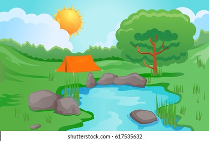 Camping beside the pond or lake vector