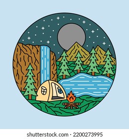 Camping beside waterfall graphic illustration vector art t-shirt design