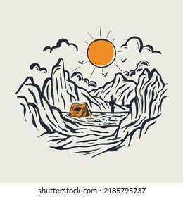Camping between cliffs in the good nature nature graphic illustration vector art t-shirt design