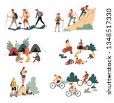 Camping and bicycles walking and campfire hiking outdoor activity vector hikers or tourists with backpacks climbing mountain riding bike bonfire tents and binocular sitting on logs in forest travel