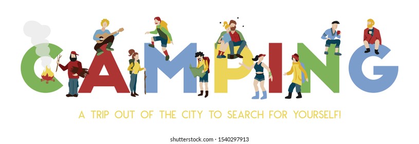 Camping big colorful lettering decorated with tourists travelers figures cooking on campfire climbing singing flat vector illustration 