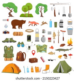 Camping big set. Set for camping and hiking, painted elements - tent, fire, map and wildlife. Camping things for your design. Vector illustration.