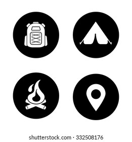 Camping black icons set. Travel and mountaineering white silhouettes illustrations. Fireplace and hiking backpack circle symbols. Gps pin point and camp tent. Outdoor recreation items. Vector