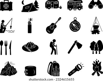 Camping Black Icons Set. Vector Hiking Set. Icons of Tourist, Tent, First Aid Kit, Bonfire, Flashlight, Binoculars, Cutlery, Lighter, Compass, Camping Car, Fisherman
