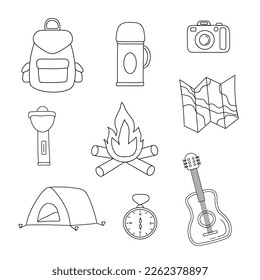 Camping black and white icons set. Hand drawn doodle vector