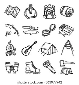 Camping black white icons set with tent rucksack and map flat isolated vector illustration 