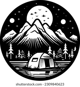 Camping | Black and White Vector illustration