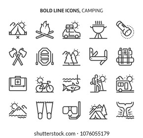 Camping, bold line icons. The illustrations are a vector, editable stroke, 48x48 pixel perfect files. Crafted with precision and eye for quality.