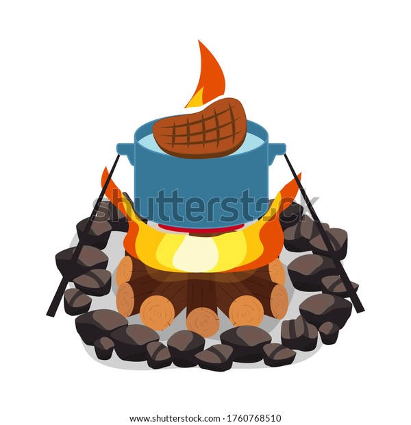 焚き火 薪や石の丸い焚き火 焚き火 暖炉の焚き火 暖炉は 薪ベクターステーキのバーベクターとグリル のベクター画像素材 ロイヤリティフリー