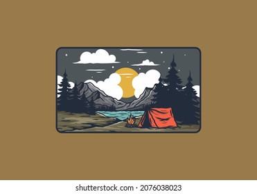 Camping with a bonfire by the lake illustration design