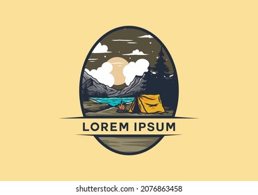 Camping with a bonfire by the lake illustration design