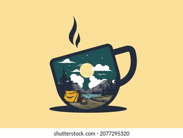 Camping with a bonfire by the lake illustration design