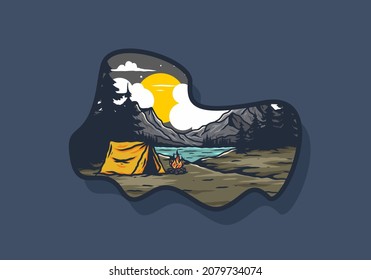 Camping with a bonfire by the lake illustration design