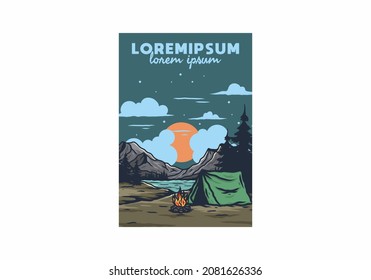 Camping with a bonfire by the lake illustration design