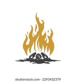 Camping bonfire with firewood golden burning flame sparkles vintage icon design vector isometric illustration. Camp campfire blaze light with woods outdoor fuel heat warm hiking expedition adventure